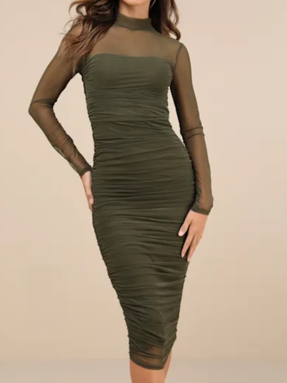 Lulus Impressive Flirt Olive Green Mesh Ruched Mock Neck Midi Dress Women’s M